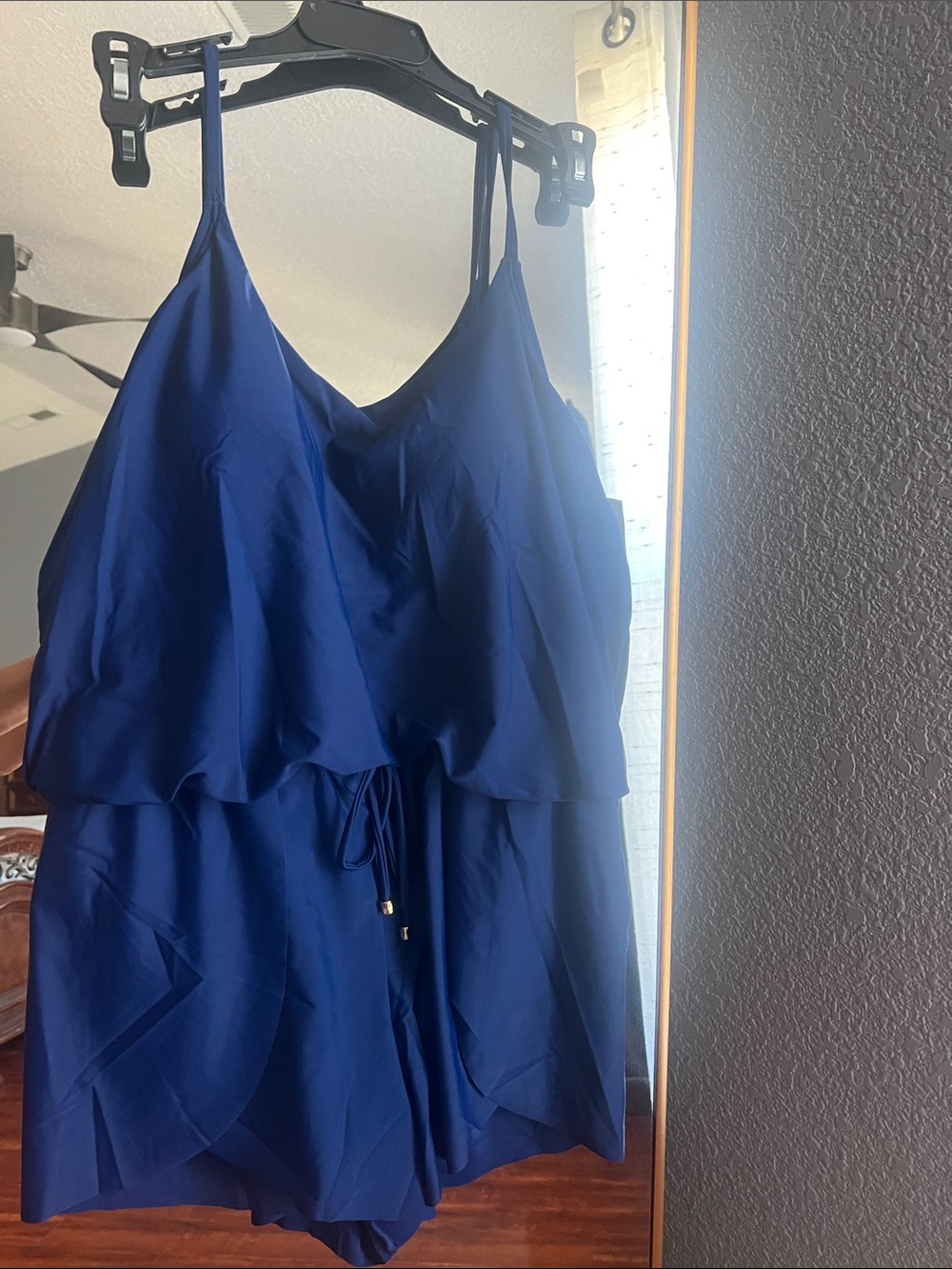 Time and Tru Navy Ruffle Swim Romper with Drawstring - Picture 2 of 3